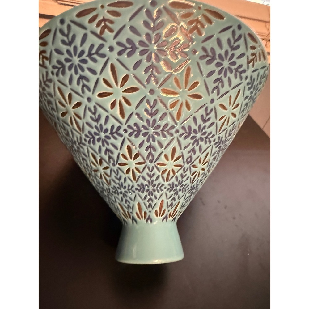 Turquoise Ceramic Pedestal Bowl Embossed Floral Geometric Centerpiece 10in